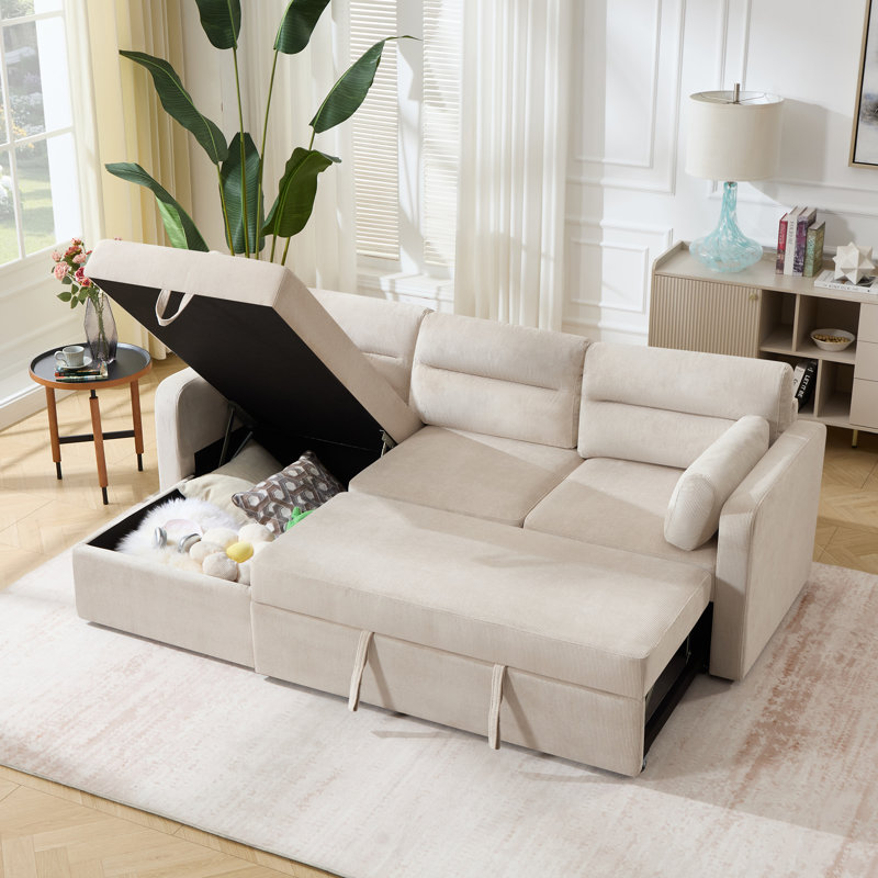 Canapé-lit modulaire en L de 92,5 po de large avec rangement en L, Velours côtelé kaki