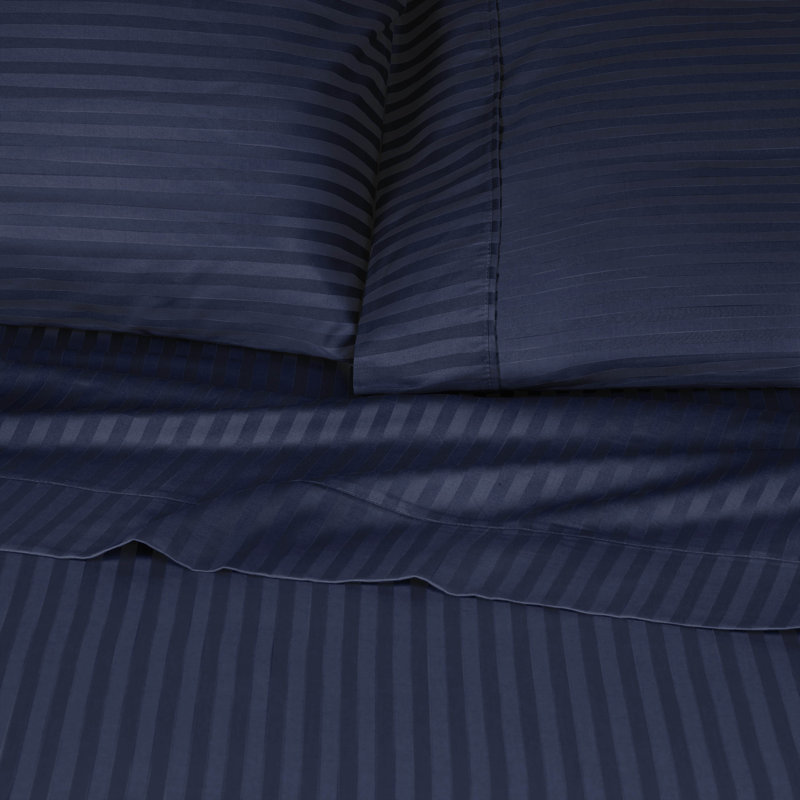 300-Thread Count Stripe Deep Pocket Standard Cotton Sheets, California King, Navy Blue