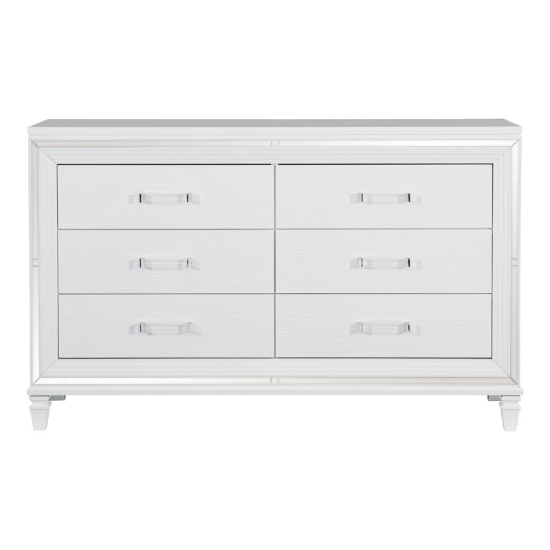 Commode moderne en bois blanc, 168 cm L x 46 cm l x 104 cm H, monobloc, avec bordure en miroir biseauté et six tiroirs de rangement à queue d'aronde.