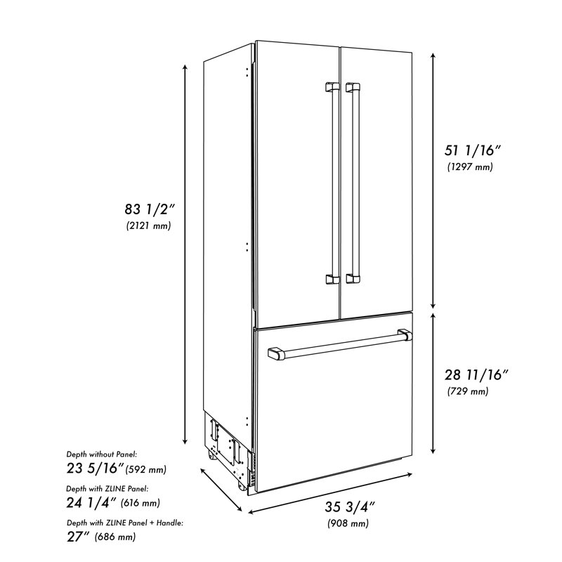 ZLINE 36 in. 19.6 cu. ft. French Door Built-In Bottom Freezer Refrigerator with Water Dispenser and Ice Maker with Stainless Steel Interior