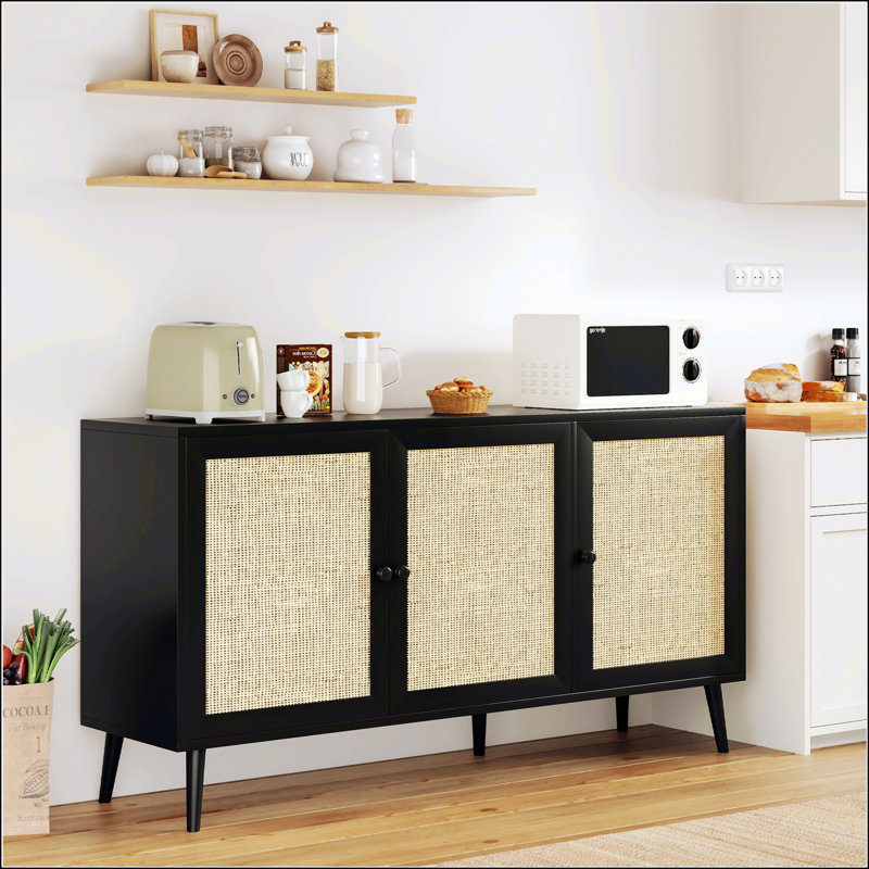 Buffet en rotin avec 3 portes, grand rangement pour cuisine moderne et vestibule, H 31,1 po x l 59,1 po x P 15,4 po, Noir