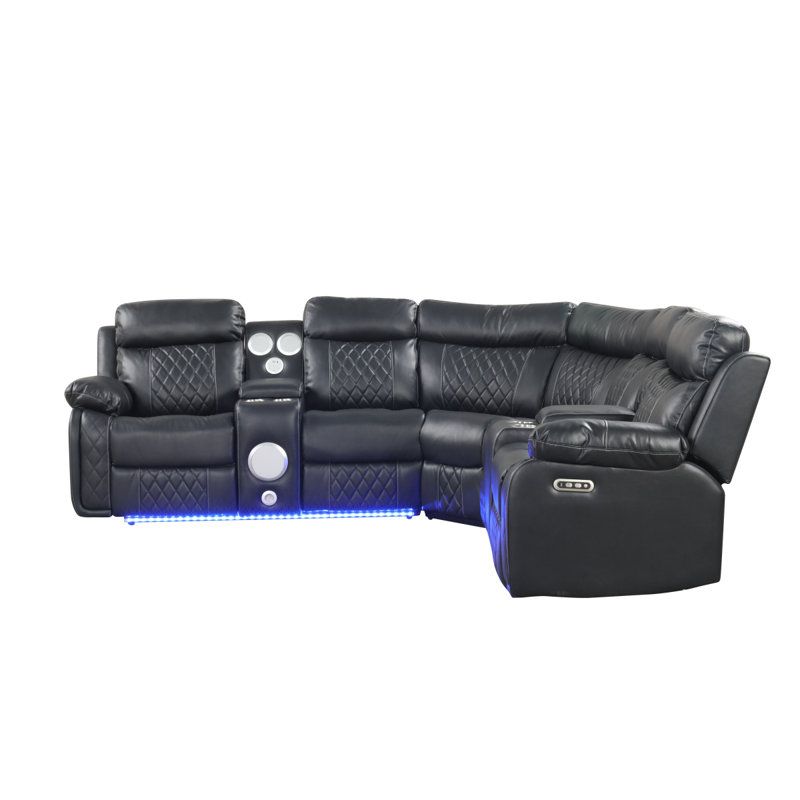 Lacrosse Modern Style Power Recliner Sectional With Bluetooth Speaker And LED Made With Wood & Metal In Black, Black Leather