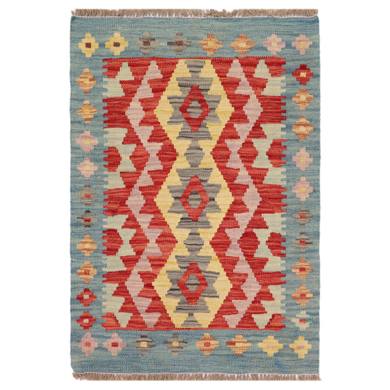 Sansome Geometric Flatweave Rectangle 2'2'' x 2'5'' Wool Area Rug in Red/Blue/Gold