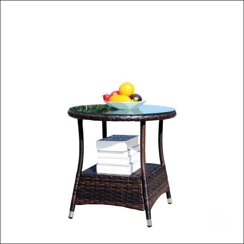 Stylish Round Wicker Coffee Table With Clear Tempered Glass Top For Outdoor Patio Use