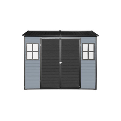 8X4ft Outdoor Resin Garden Shed With Floor And 2 Windows, Plastic Patio Outdoor Storage Shed With Lockable Door For Garden Tools, Bicycles, Trash Cans, Gray+Black