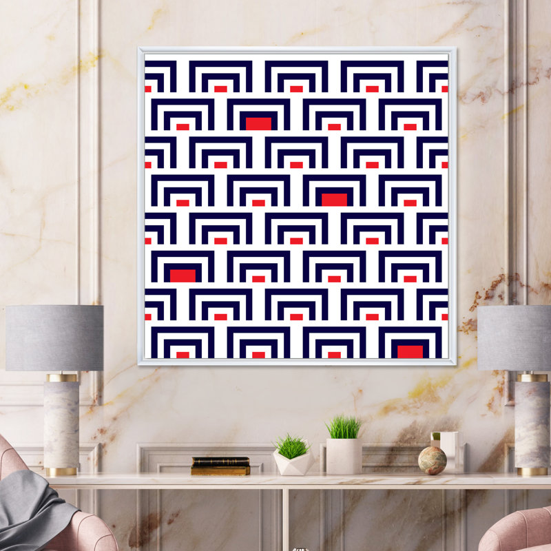 Bleu et rouge géométrique - Impression sur toile, Cadre flottant blanc, H 36 po x l 36 po