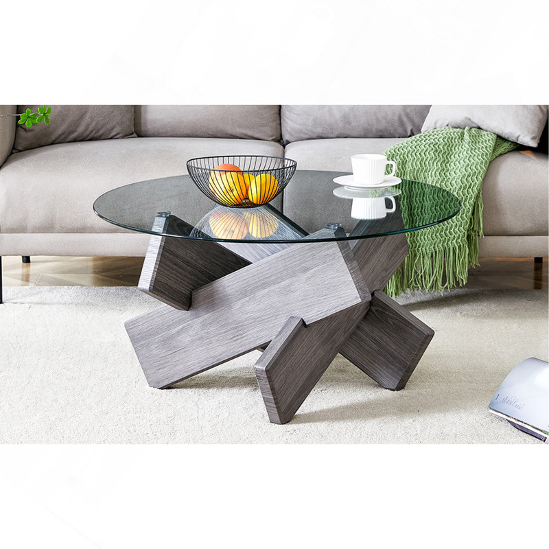 Table basse ronde en verre, table basse unique au design moderne 33,4 po. Plateau en verre trempé avec pieds en panneau de fibres à densité moyenne gris. Convient pour les salons et les salles à manger