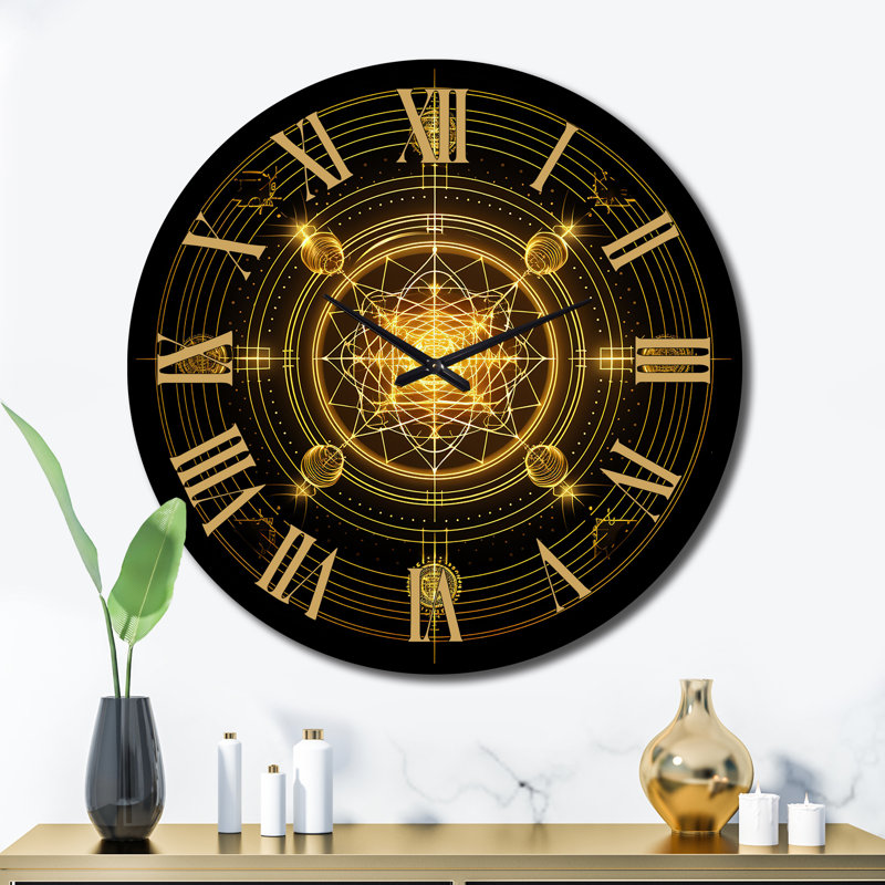 Horloge murale Connaissant la géométrie sacrée dorée sur fond noir I, Très grand