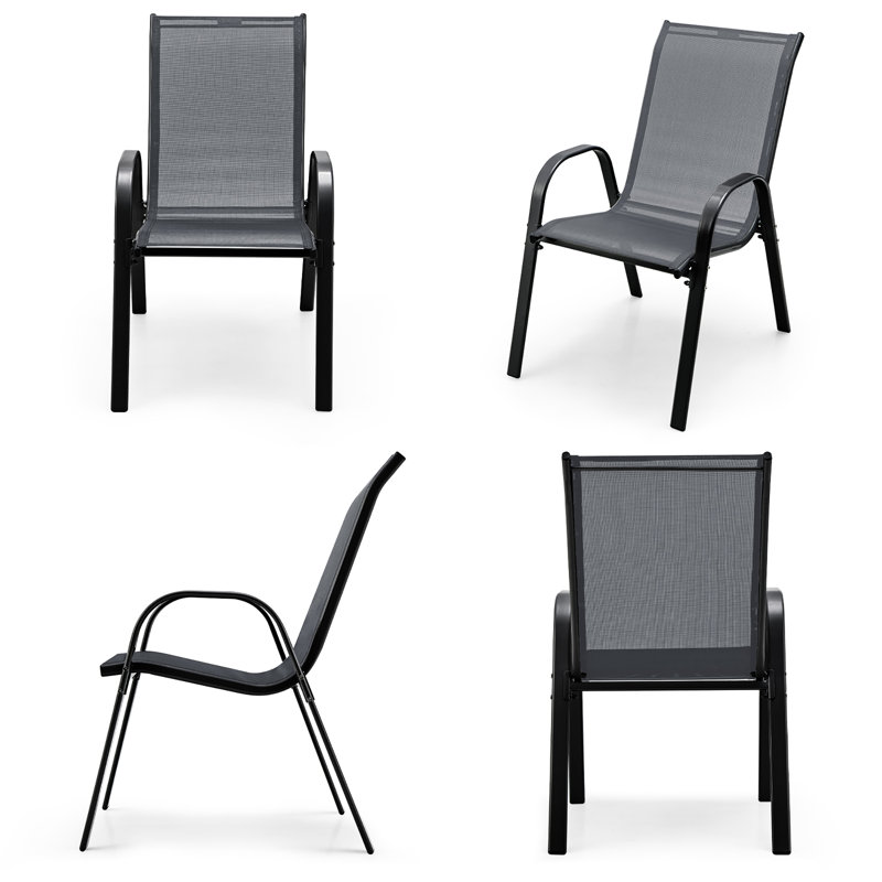 4 chaises de patio empilables avec accoudoirs courbés et siège respirant gris, Gris