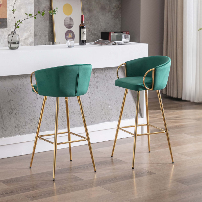 Tabourets de bar, avec repose-pieds chromé et base en velours + tabouret de bar simple Golden Leg, Vert