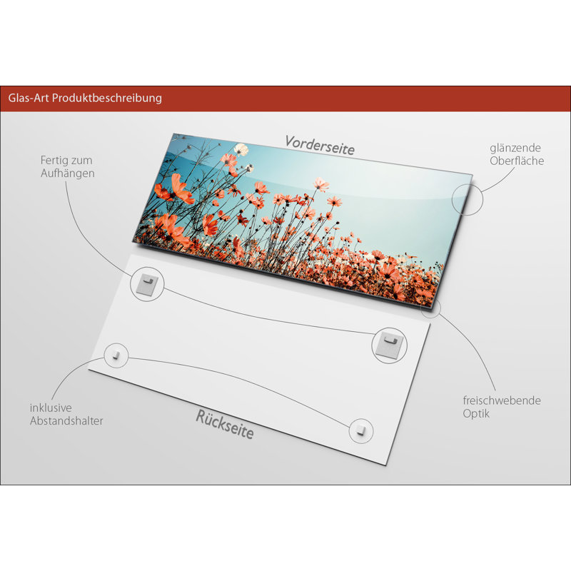 White & Red Flowers Photographic Art Print on Glass, 50cm H x 125cm W x 1.4cm D