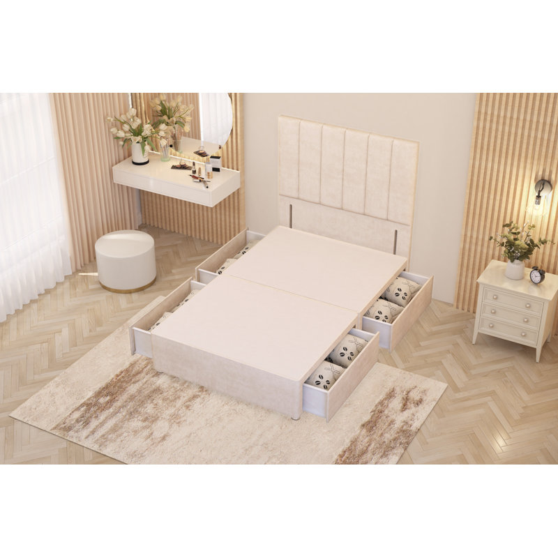 Asterin Divan Bed Base with 54" Floor Standing Headboard Plush Velvet, Ivory, Super King (6'), 4 Drawers
