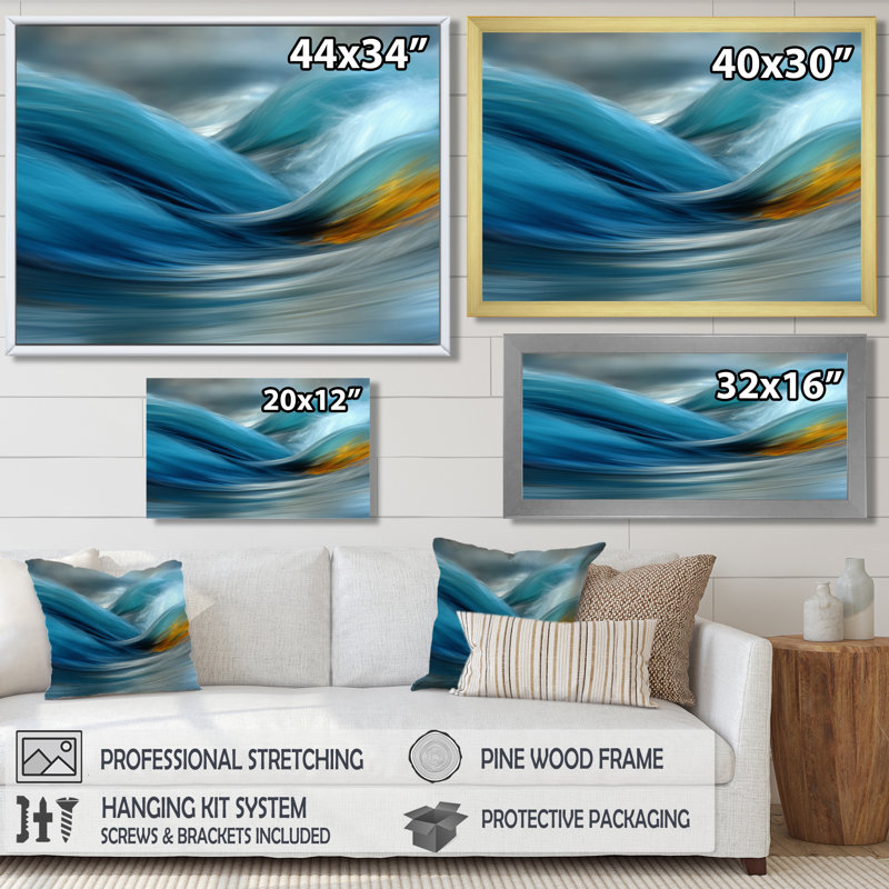 «Yellow Blue Wave», reproduction d'art sur toile encadrée jaune, H 30 po x l 40 po, Cadre photo unique, Blanc