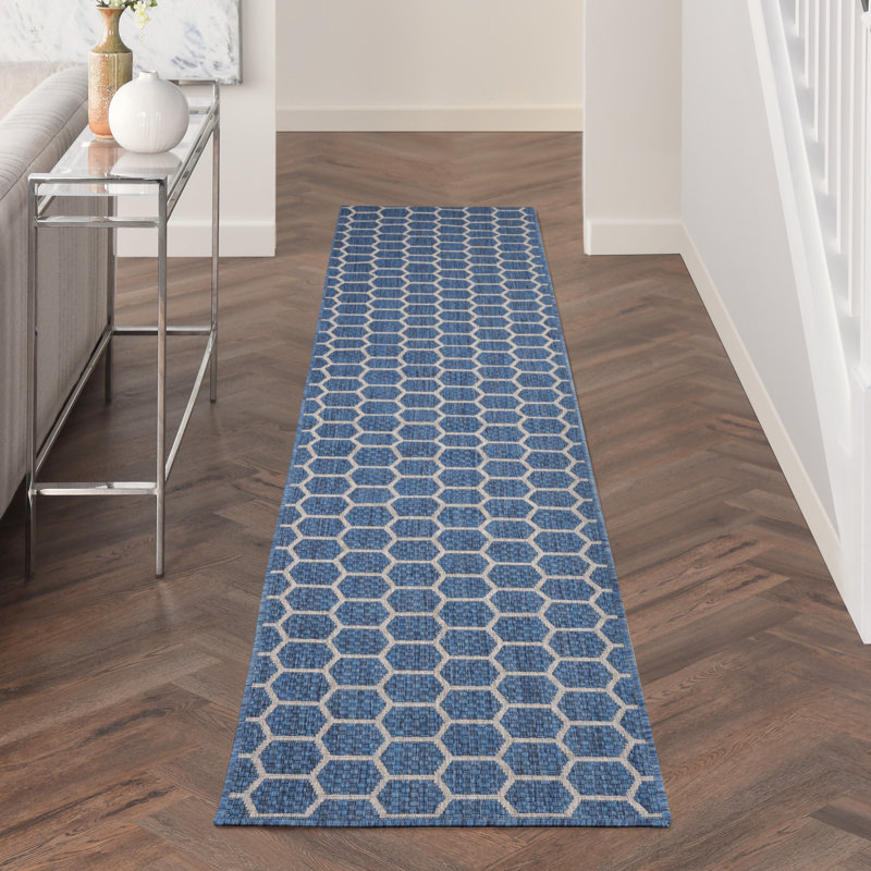 Canete Geometric Reversible Indoor/Outdoor Area Rug in Blue, Runner 2'2" x 10'