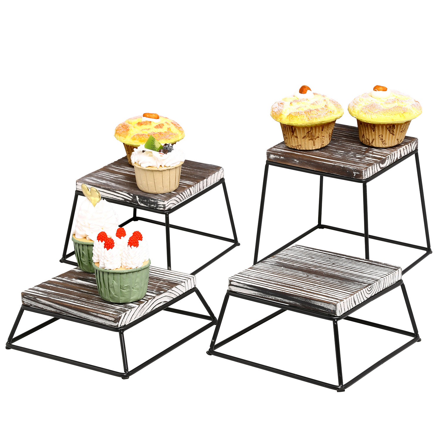 Burnt Wood and Black Metal Industrial Pipe 2-Tier Cupcake Holder Display  Rack Stand