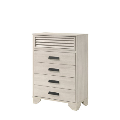Contemporary 5-Drawer Chest with Louvered Design, Beige Wood Finish, Finger Pull Hardware
