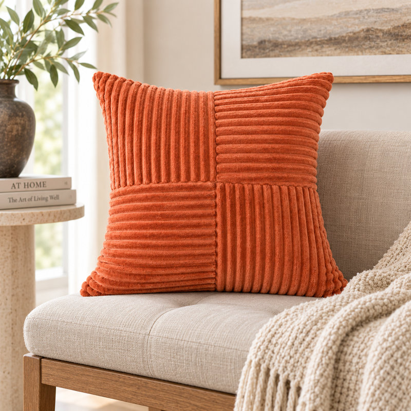 Housse de coussin décorative en velours côtelé doux, réversible, motif géométrique, Peach