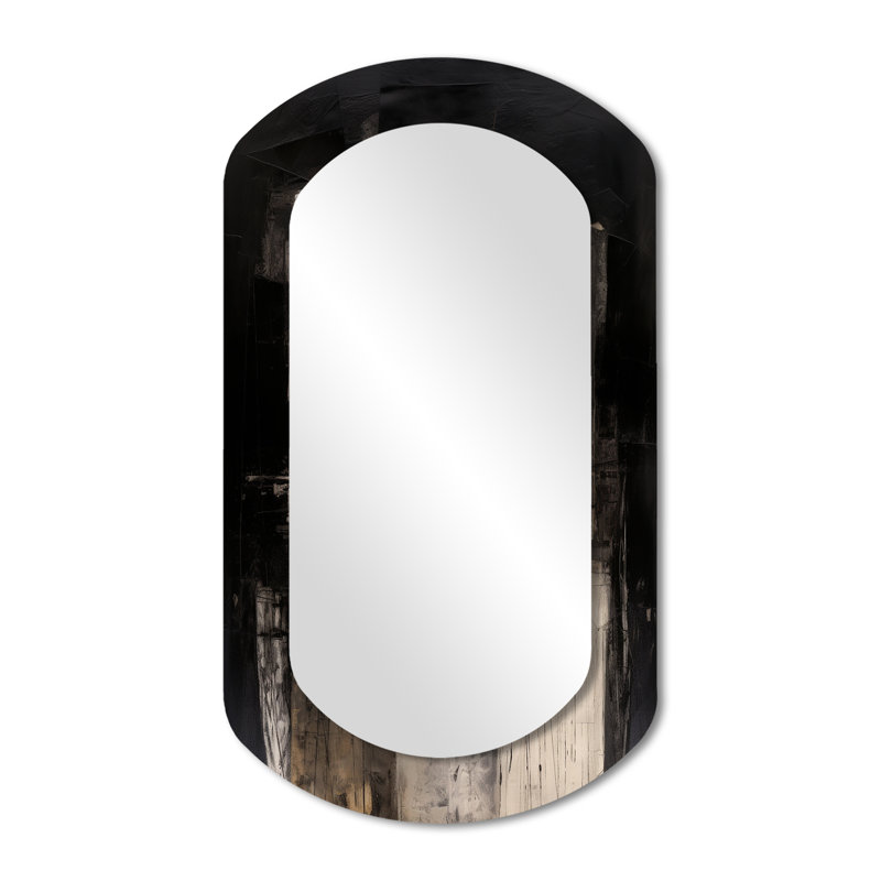 Black Mid Century Fusion IV - Midcentury Modern Asymmetrical Unique Wall Mirror Decor, Grey Cylinder Large Mirror, Printed Metal Art