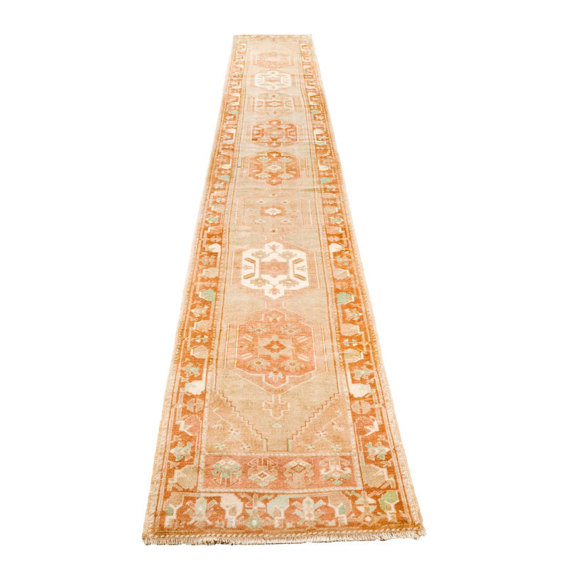 Vintage Handmade 2X17 Beige And Orange Anatolian Turkish Tribal Distressed Area Runner