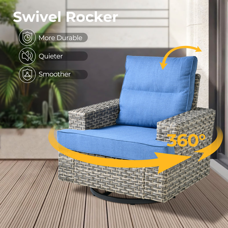 Carolle Outdoor Wicker Swivel Rocking Chair With Cushions, Wide-Arm Patio Lounge Chair For Porch & Backyard, Blue
