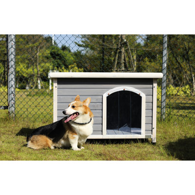 Niche pour chien en bois gris pour chiens de taille moyenne, avec plateforme de construction extérieure imperméable et surélevée