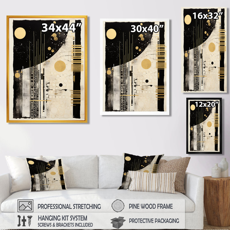 Or, noir, blanc, dimanche, Jazz I - Collages abstraits, art mural, salon, H 20 po x l 12 po x P 1 po, Toile tendue