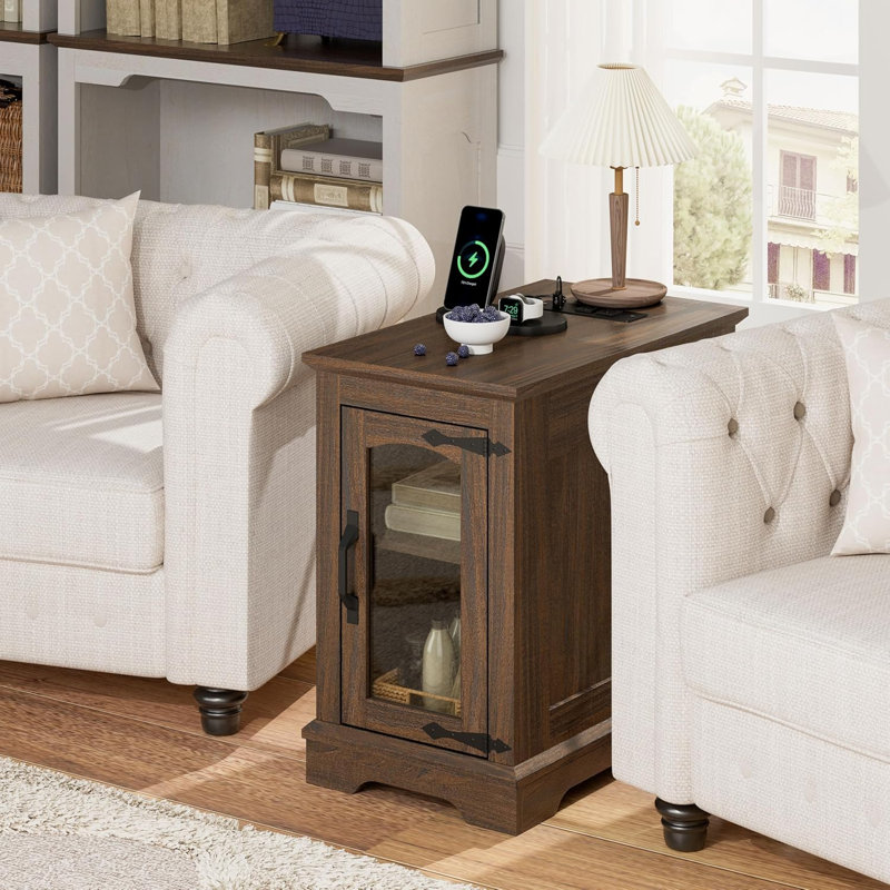  Table de bout étroite avec station de charge et rangement, noyer, Noyer