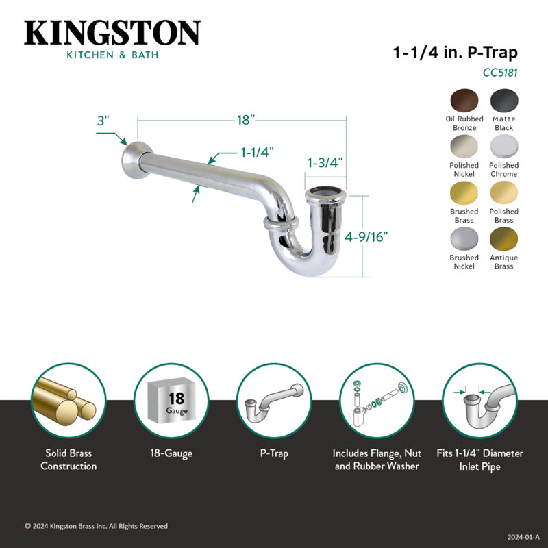 Kingston Brass Vintage 1-1/4 Inch Decor P-Trap with Bell Flange, 18 Gauge, 18", Polished Brass