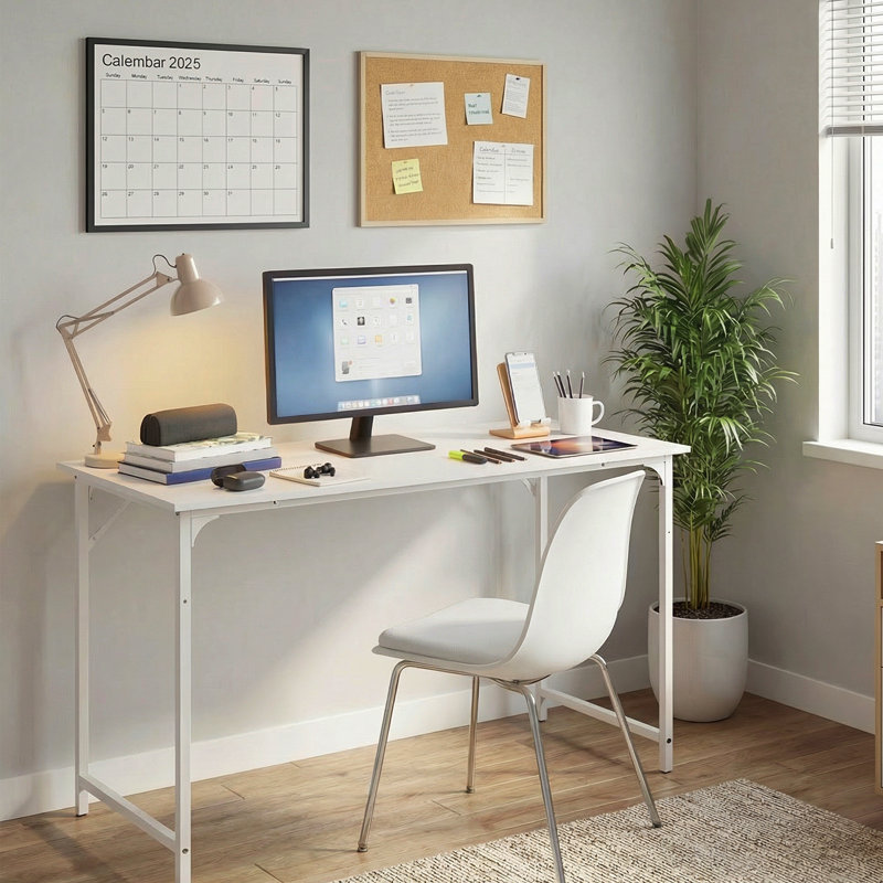 Office Desk Small Computer Desk Study and Writing Table Simple Modern Desk with Metal Frame for Home Office, White/White