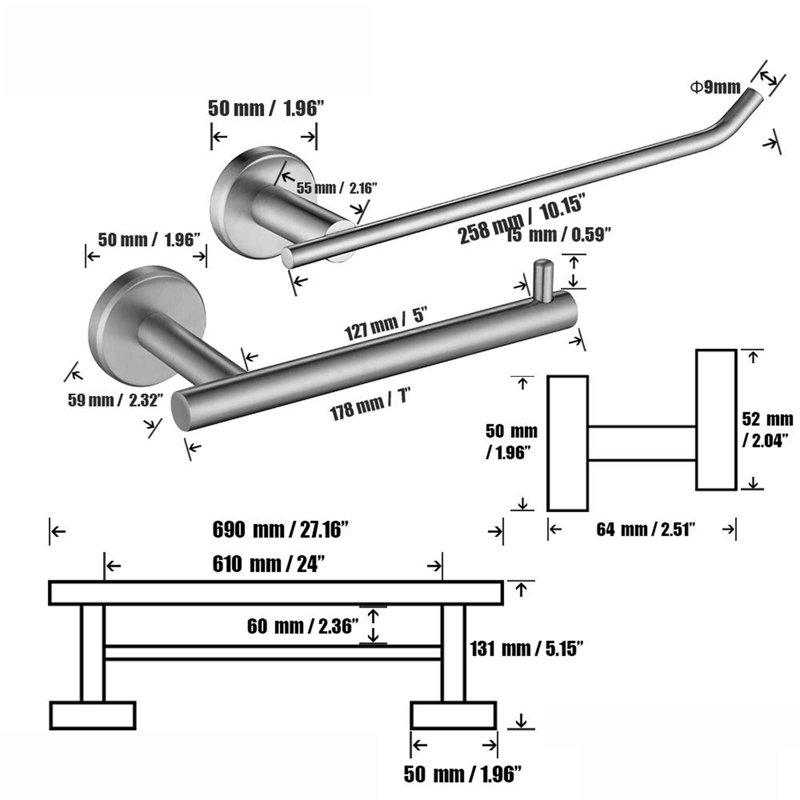 Matte Black Metal Bathroom Hardware Accessories Set, 5 Pieces