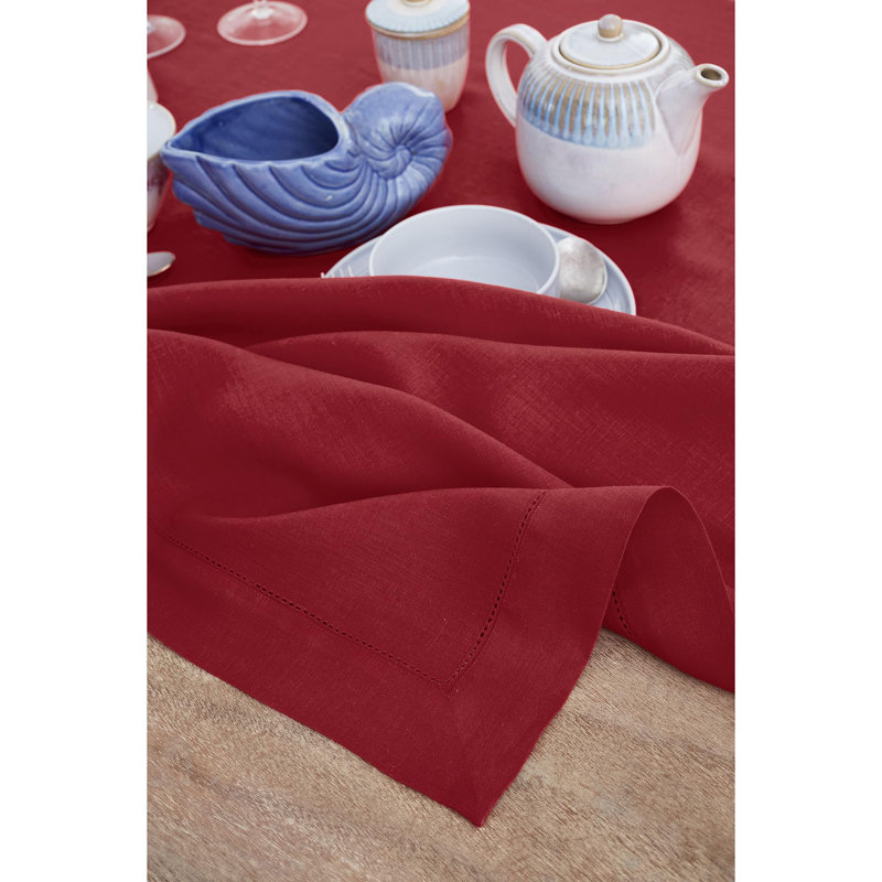 100% Pure Linen Hemstitch Tablecloth- Classic Hemstitch, Red, 156" x 60"
