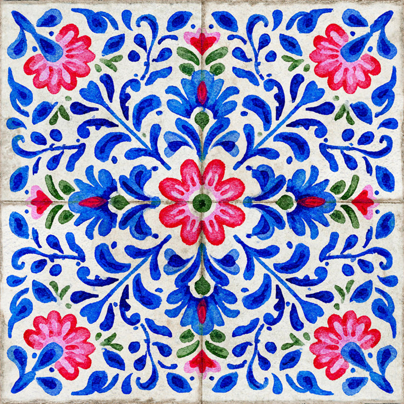 Carreau de mosaïque en vinyle 8 po x 8 po à motif floral marocain bleu rouge et vert