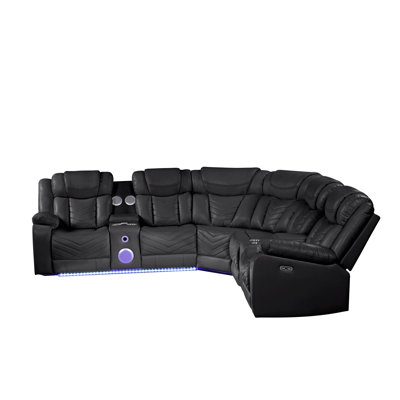 Canapé modulaire confortable avec fonction à DEL, similicuir, canapé modulaire contemporain et en cuir, fauteuil inclinable électrique, porte-boissons, noir