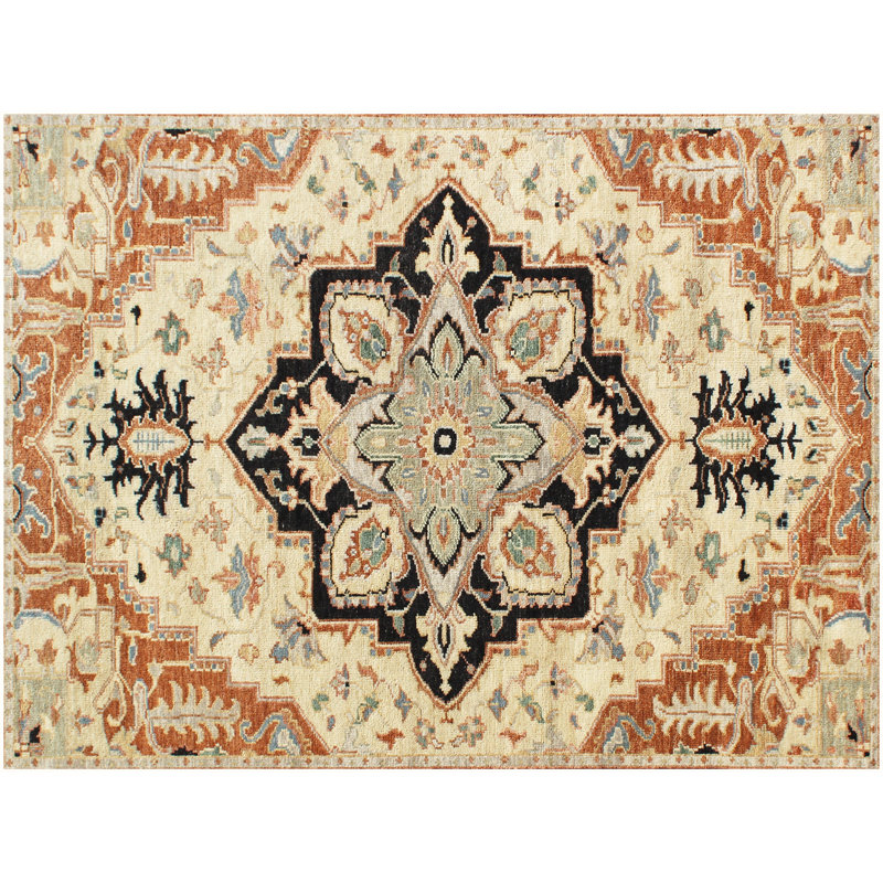 Hand-Knotted Ivory Black Wool Area Rug 8' x 10' ft– Traditional Medallion Design with Ornate Border