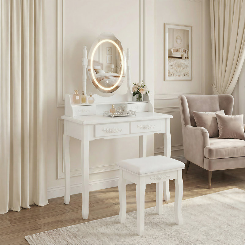 White Vanity Desk With Mirror, Cushioned Stool, 4 Drawers, Led , Spacious Storage, Comfortable Seating, Material, Stable Structure, Easy To Assemble Makeup Legs, Installation