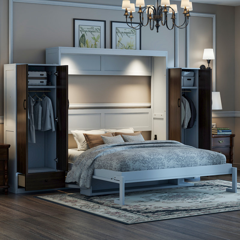 Grand lit escamotable mural avec bureau, garde-robe et tiroirs, armoire-lit pliable, rangement compact, blanc