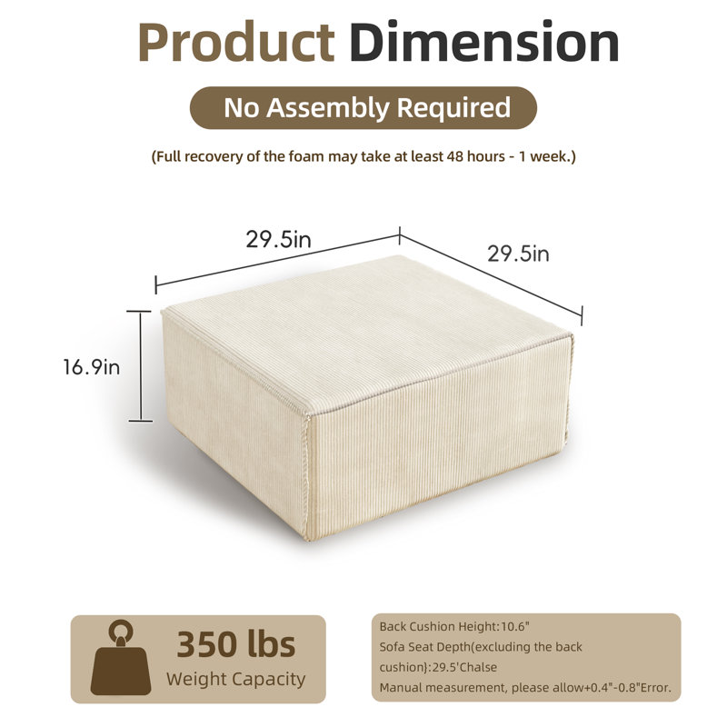 Repose-pieds surdimensionné de 29 po rembourré avec compression, aucun assemblage requis, Beige