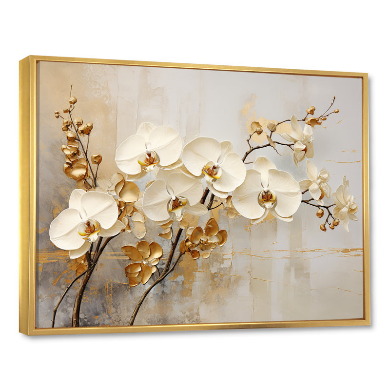 Minimalisme beige et orchidées dorées - impressions sur toile orchidées, H 16 po x l 32 po, Reproduction avec cadre flottant