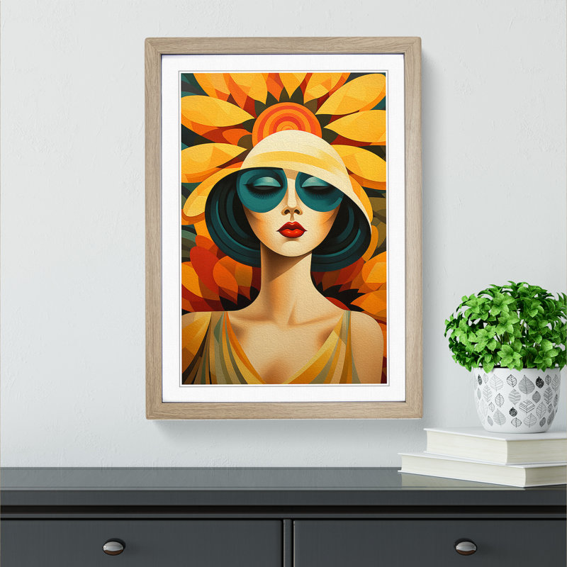 Sunflower Art Deco - Framed Print, Oak, 34cm H x 25cm W x 2cm D