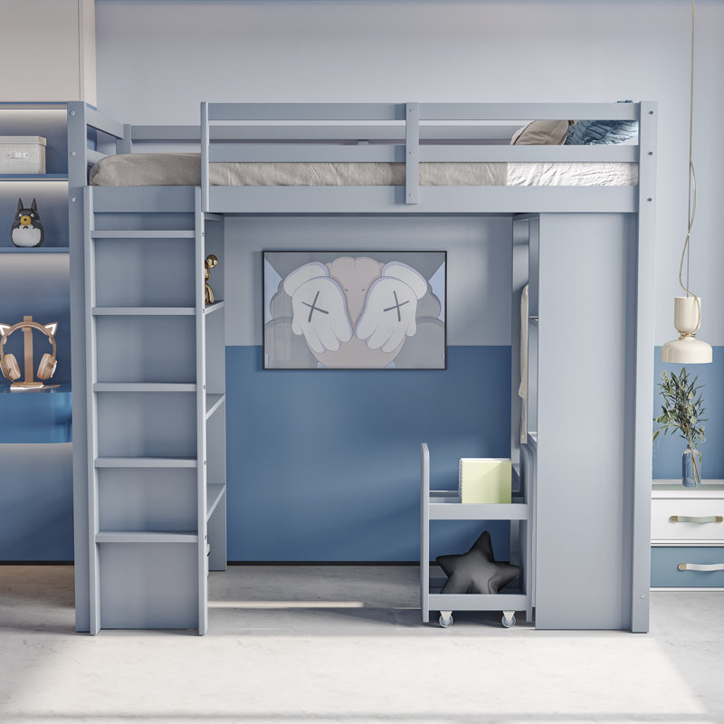 Loft Bed 90X200 Cm With Shelves, Clothes Rail, Storage Drawers & Removable Trolley, Grey