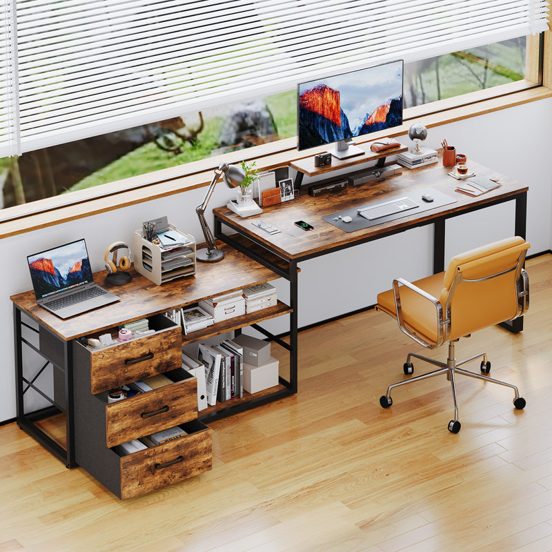 L-Shaped Metal Base Computer Desk, Black, Brown