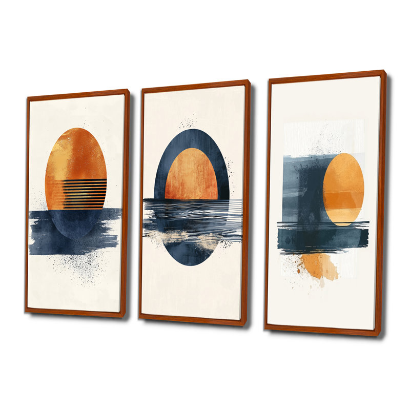 Geometric Blue And Orange Sunrise Symmetry I - Modern Wall Art Collection, 40" H x 60" W, Brown, Floater Framed Print
