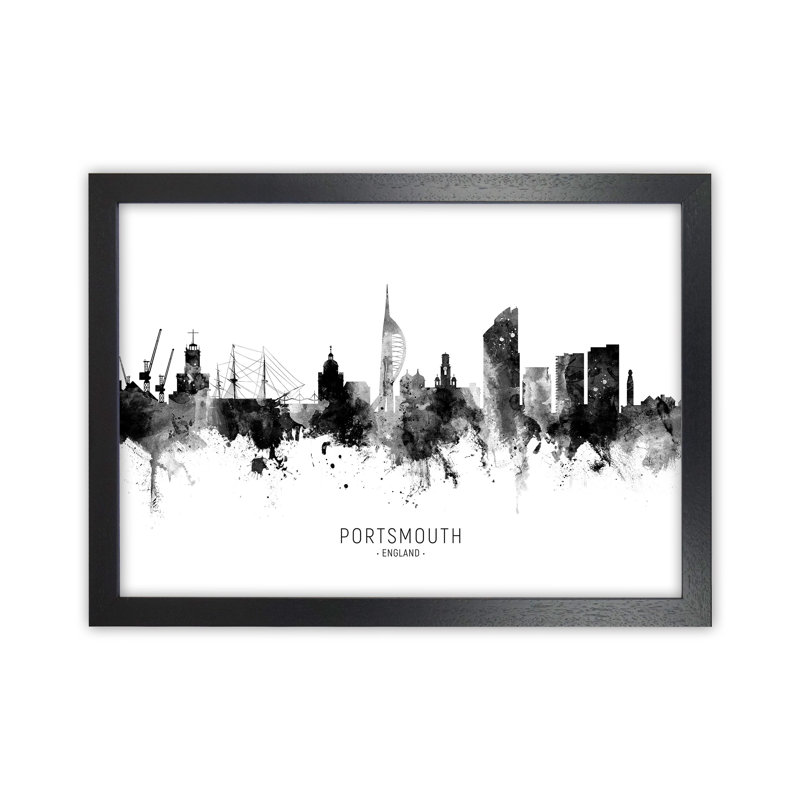 Portsmouth England Skyline Black White City Name by Michael Tompsett - Print, 34cm H x 46cm W x 3cm D, Black Framed