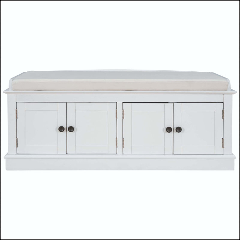 Banc de rangement avec 4 portes, tablettes réglables et coussin amovible, Blanc, Blanc
