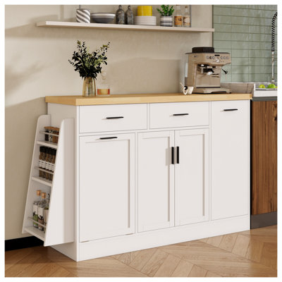 Îlot de cuisine multifonctionnel avec rangement caché pour poubelle, armoire à portes coulissantes et support à épices à 3 niveaux Trexm - Buffet blanc pour l'organisation de la salle à manger