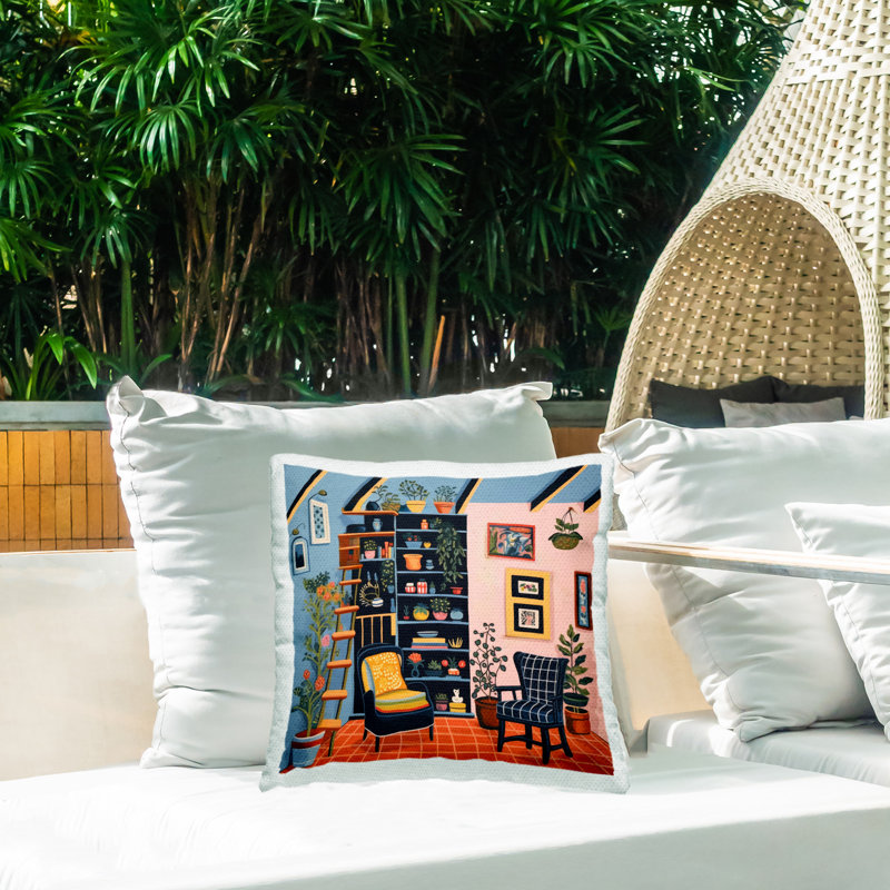 Coussin décoratif d'extérieur à motif de bibliothèque et scène imprimé par Lazar Studio