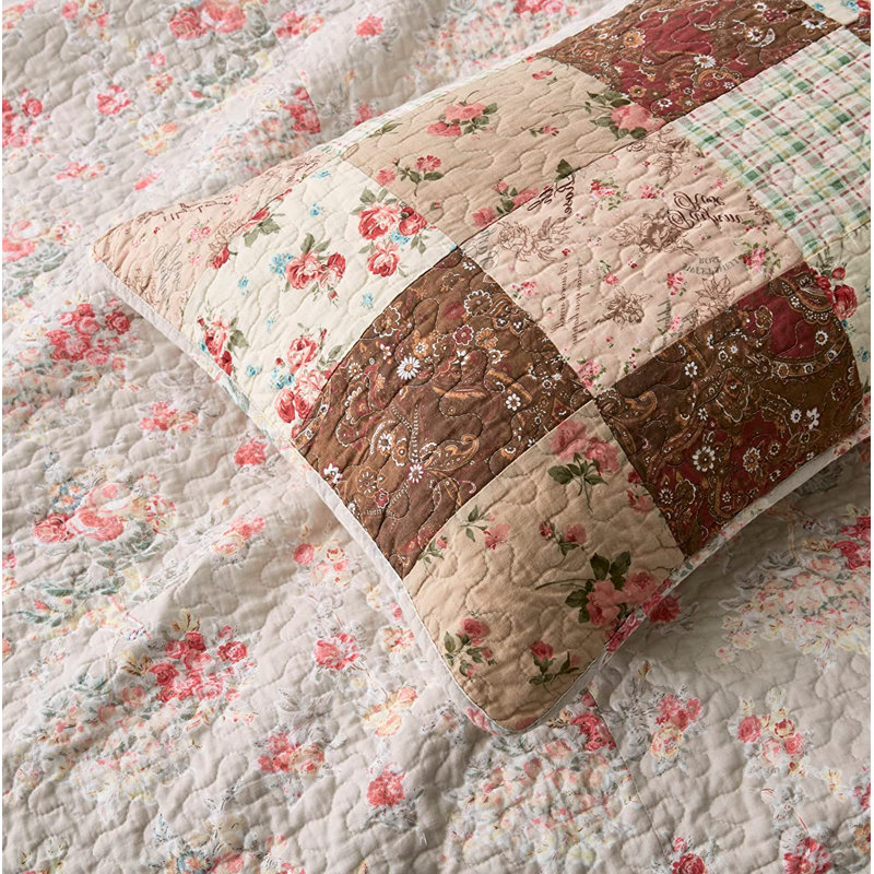 Pre-Washed Floral Patchwork Cotton Quilt Set, Queen Quilt + 2 Standard Shams