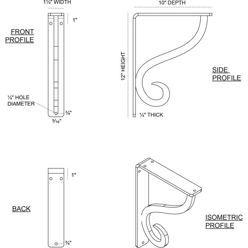 Support simple en fer forgé Ashford, Étain antique, H 12 po x l 1,5 po x P 10 po