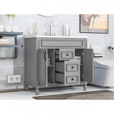 Meuble-lavabo 36 po avec lavabo supérieur, armoire de rangement moderne avec 2 portes à fermeture douce et 2 tiroirs, meuble-lavabo simple