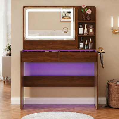 Vanity Desk With Led Lighted Mirror, Transparent Glass Top & Ambient Lighting, Dressing Table With Charging Station, 2 Drawers by Ivy Bronx